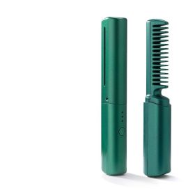 Professional Wireless Hair Straightener Curler Comb Fast Heating Negative Ion Straightening Curling Brush Hair Styling Tools (Color: Green)